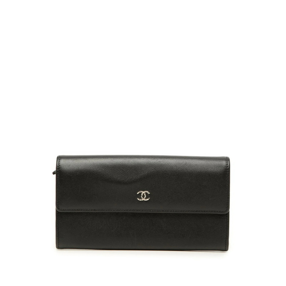 Chanel Coco Mark Long Wallet, Black and Silver, Caviar Leather, Women's CHANEL